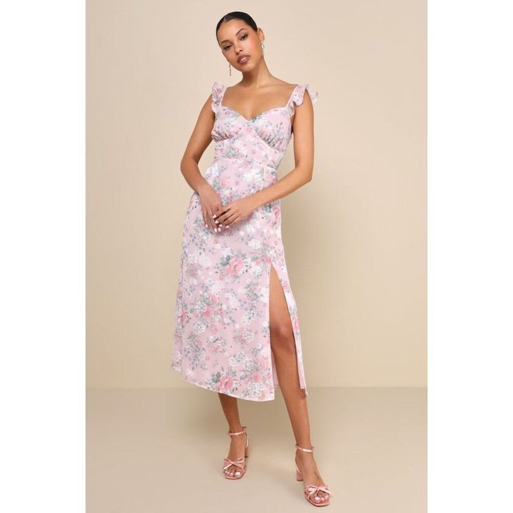 Lulus Delightful Direction Blush Floral Ruffled Tie-Strap Midi Dress Pink